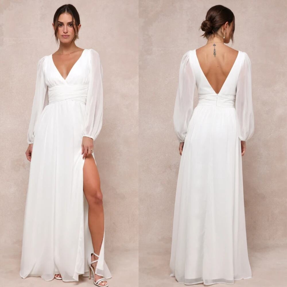 NWT Lulus Enchant My Love White Long Sleeve Maxi Dress Bridal Bide Wedding Sz S